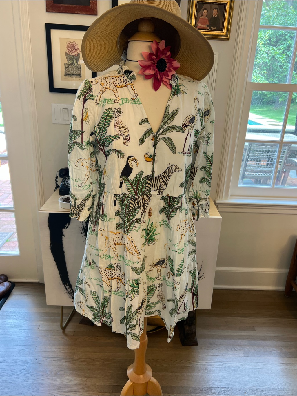 White Safari Print V-Neck Tiered Dress